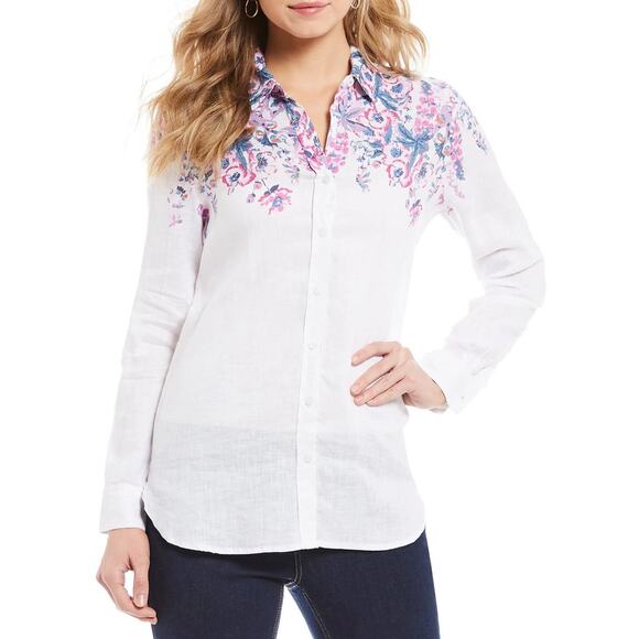 JOULES Jeanne Print White Pink Floral Linen Button Down Top Suze 14 - Picture 1 of 14